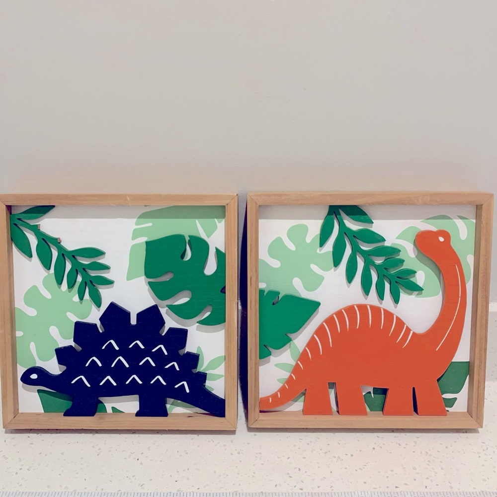 Dinosaur Art Room Decor for Kids - Set of 2 Colorful Wooden Art Pictures